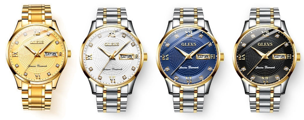 Lefimar - OLEVS - mechanical men's watch collection - gold, white, blue and black dial - gold case - silver and gold stainless steel strap - luminous hands - date display