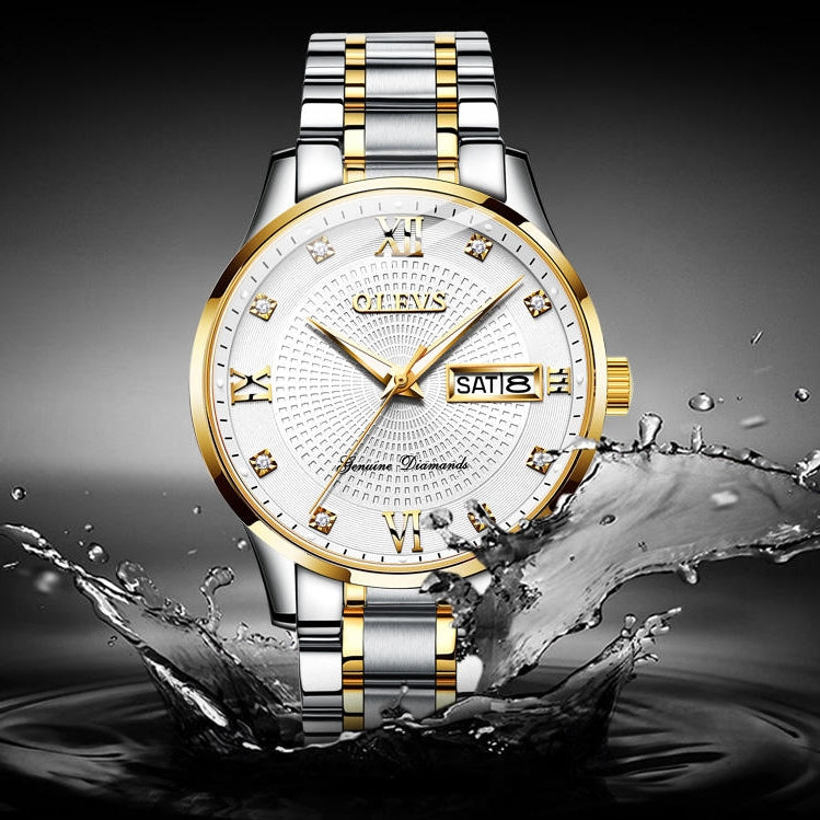 Lefimar - OLEVS - mechanical men's watch - white dial - gold case - silver and gold stainless steel strap - luminous hands - date display - water drop