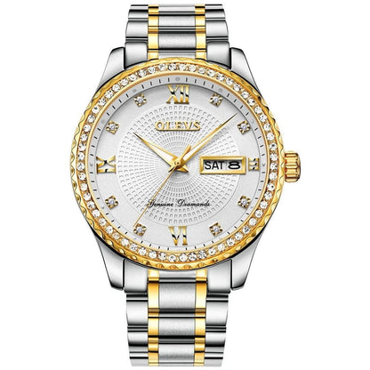 Lefimar - OLEVS - quartz couple watch - gold case - stainless steel strap - luminous hands - date display - white dial