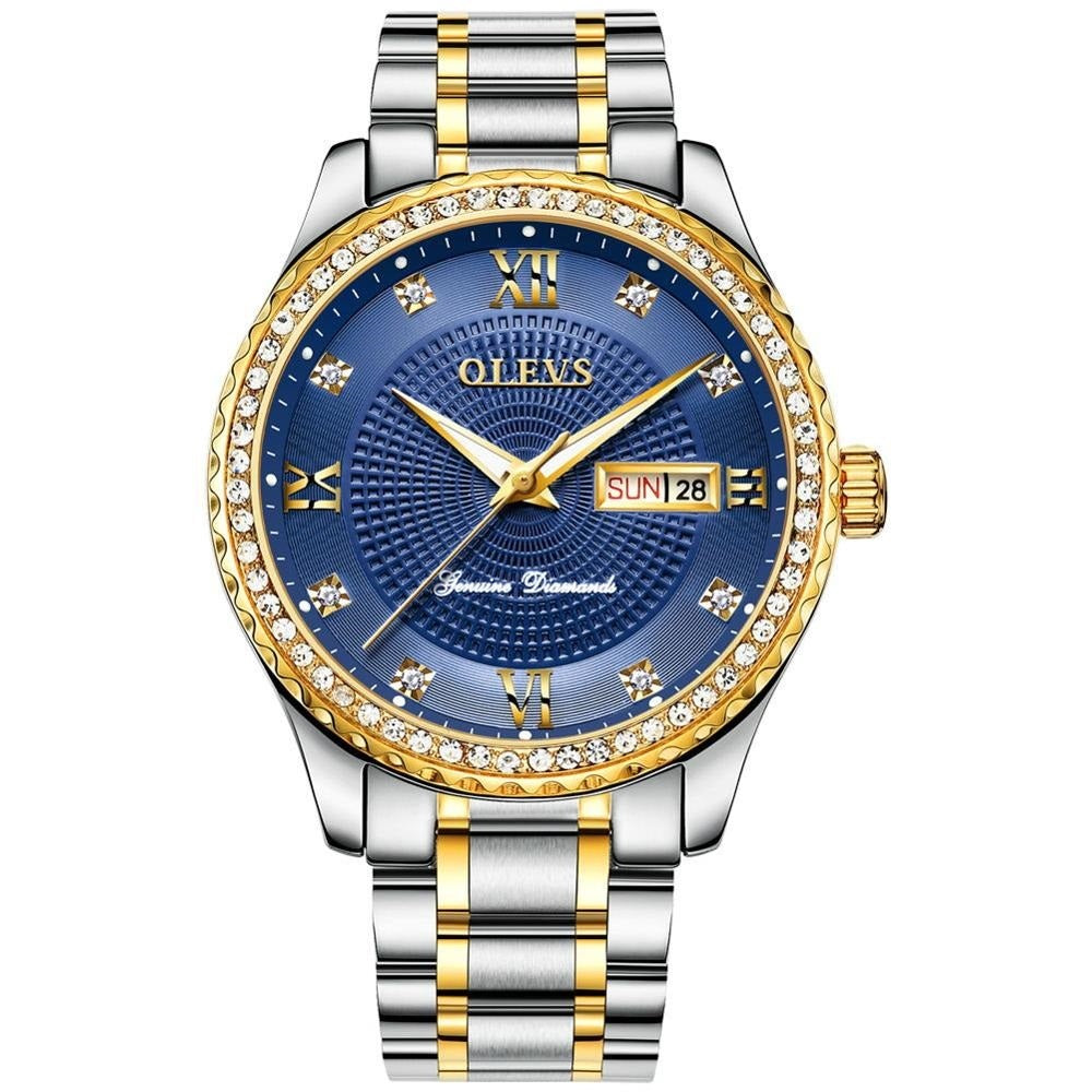Lefimar - OLEVS - quartz couple watch - gold case - stainless steel strap - luminous hands - date display - blue dial