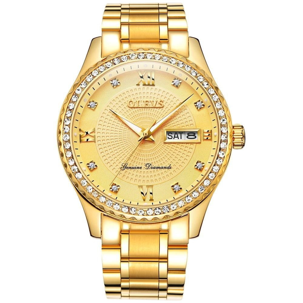 Lefimar - OLEVS - quartz couple watch - gold case - stainless steel strap - luminous hands - date display - gold dial