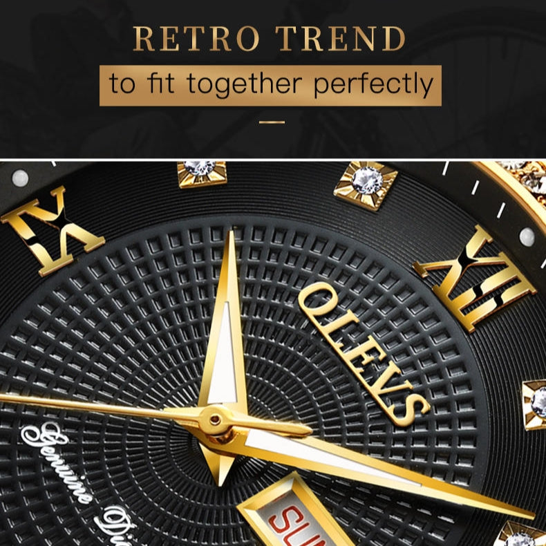Lefimar - OLEVS - quartz couple watch - gold case - stainless steel strap - luminous hands - date display - black dial - retro trend to fit together perfectly