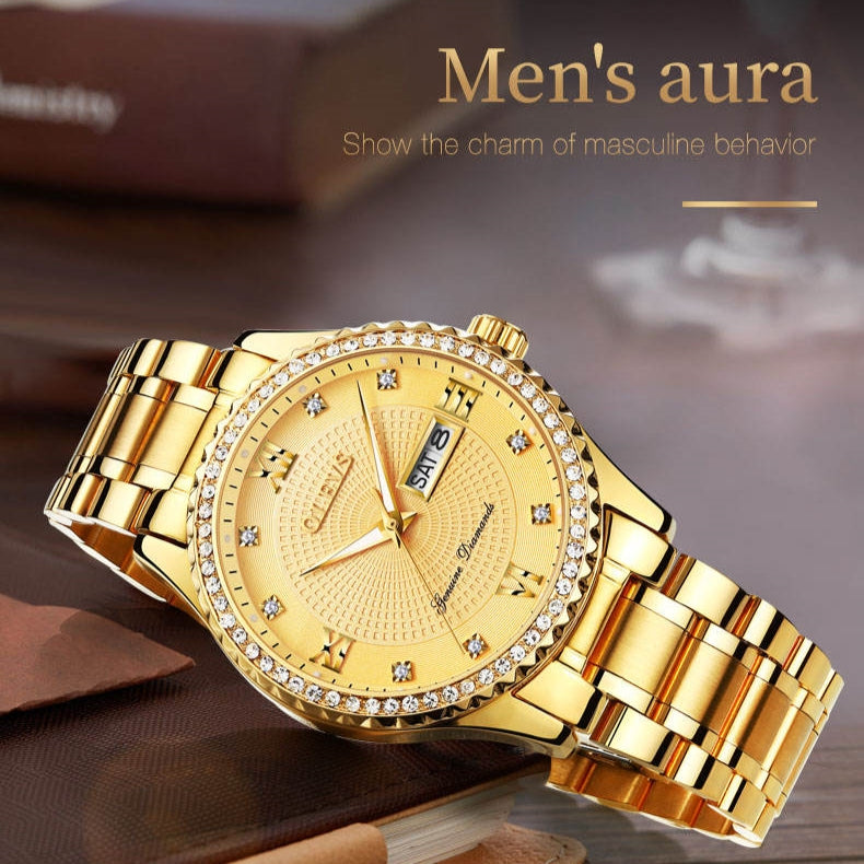 Lefimar - OLEVS - quartz men's watch - gold case - stainless steel strap - luminous hands - date display - gold dial aura