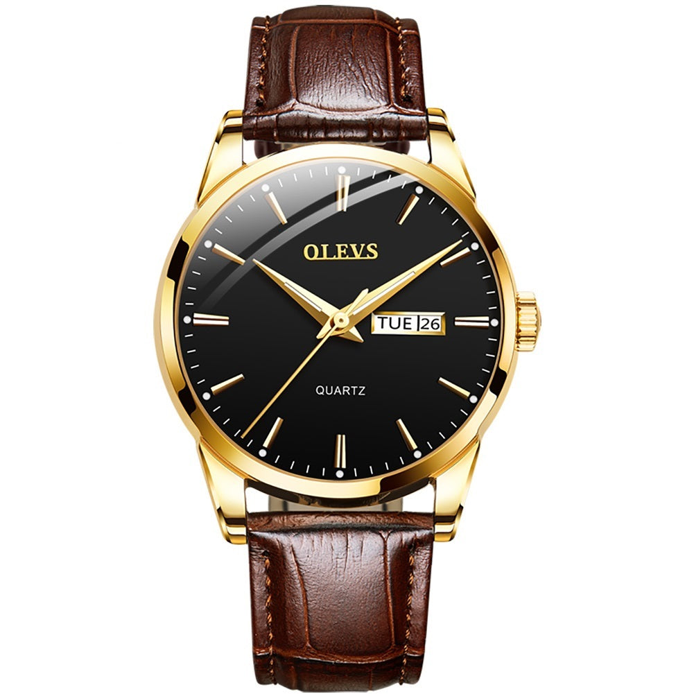 Lefimar - OLEVS - quartz men's watch - black dial - gold case - brown leather strap - luminous hands - date display