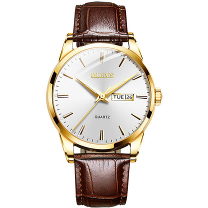Lefimar - OLEVS - quartz men's watch - white dial - gold case - brown leather strap - luminous hands - date display