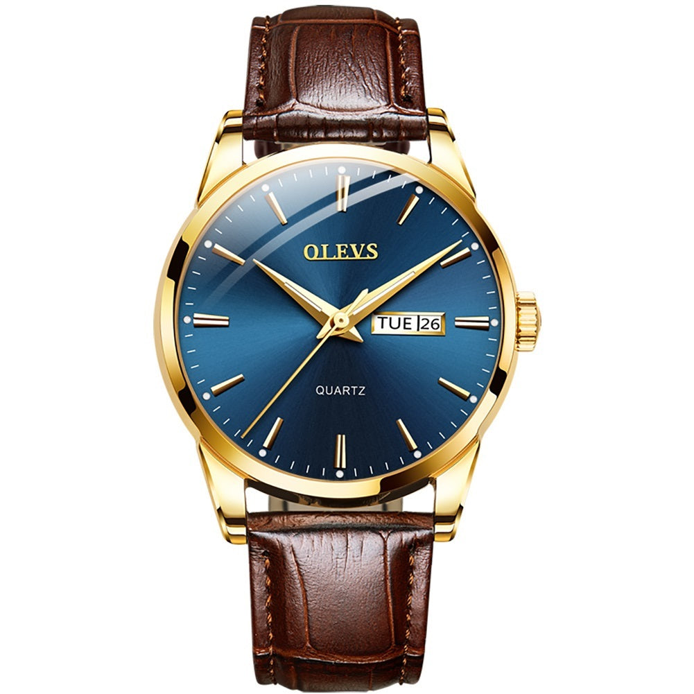 Lefimar - OLEVS - quartz men's watch - blue dial - gold case - brown leather strap - luminous hands - date display