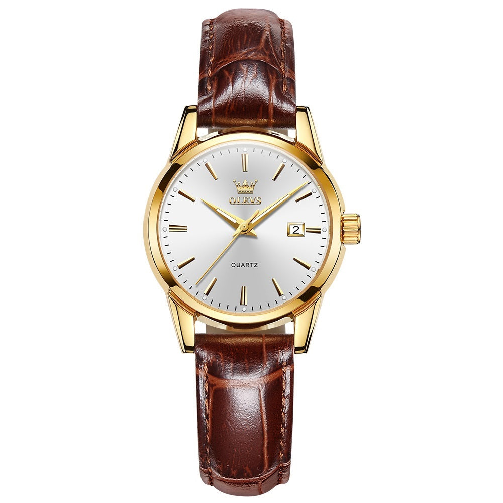 Lefimar - OLEVS - quartz women's watch - white dial - gold case - brown leather strap - luminous hands - date display