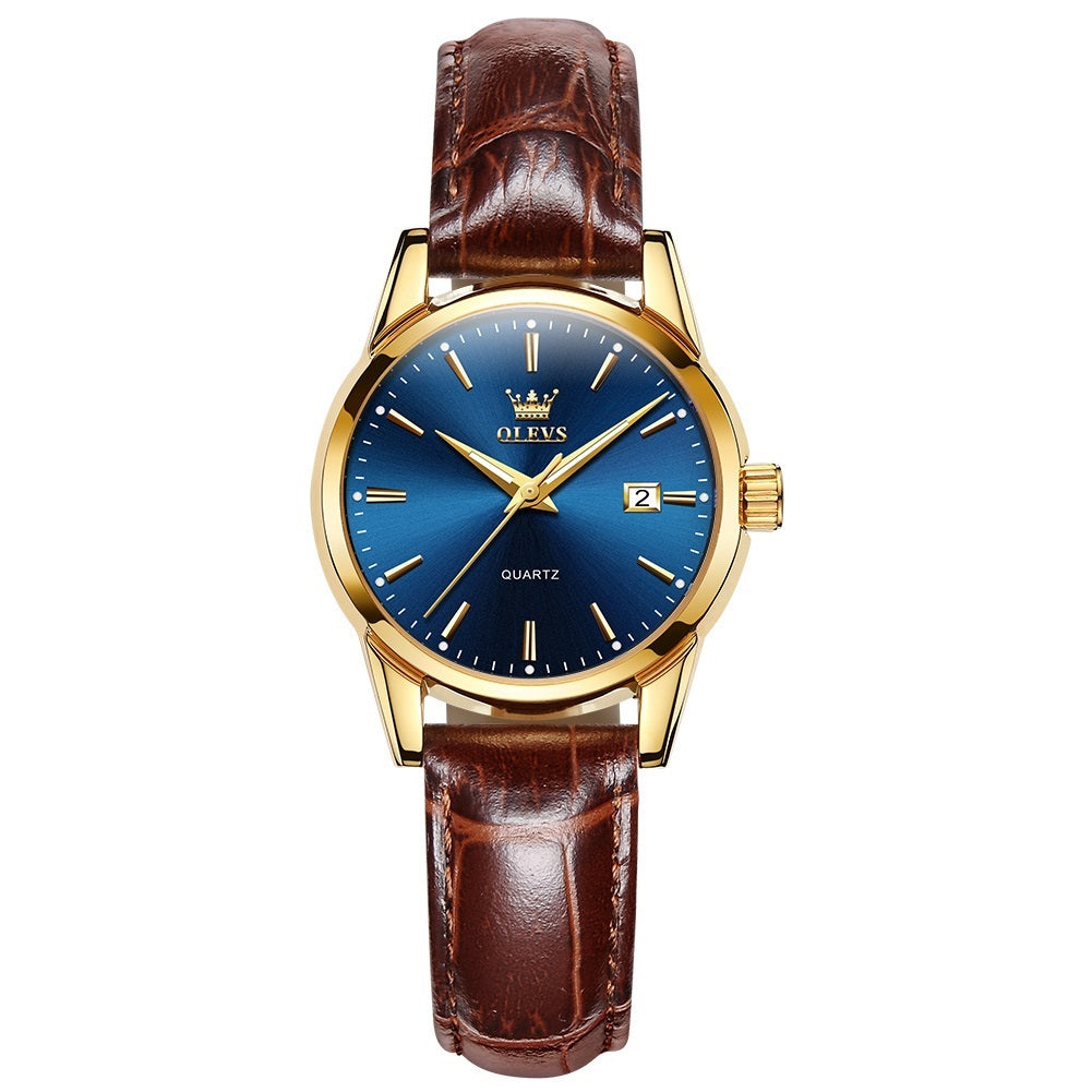 Lefimar - OLEVS - quartz women's watch - blue dial - gold case - brown leather strap - luminous hands - date display