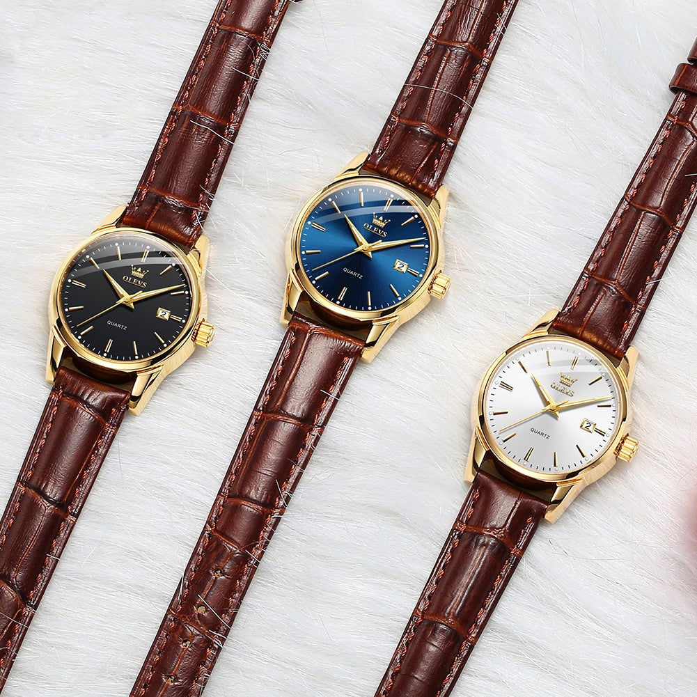 Lefimar - OLEVS - quartz women's watch - black, blue and white dial - gold case - brown leather strap - luminous hands - date display