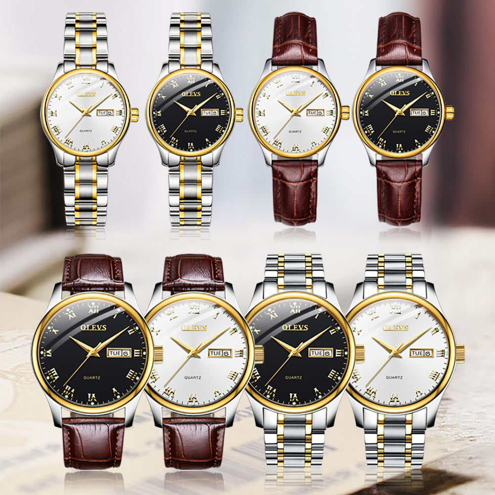 Lefimar - OLEVS - quartz couples watch - white and black dials - gold case - silver and gold stainless steel strap and leather straps - luminous hands - date display