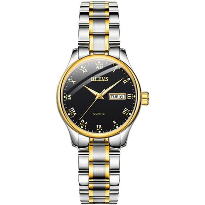 Lefimar - OLEVS - quartz women's watch - black dial - gold case - silver and gold stainless steel strap - luminous hands - date display
