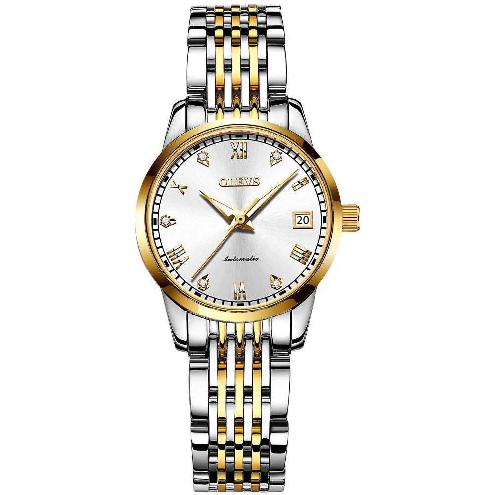Lefimar - OLEVS - mechanical women watch - white dial - gold case - silver and gold stainless steel strap - luminous hands - date display