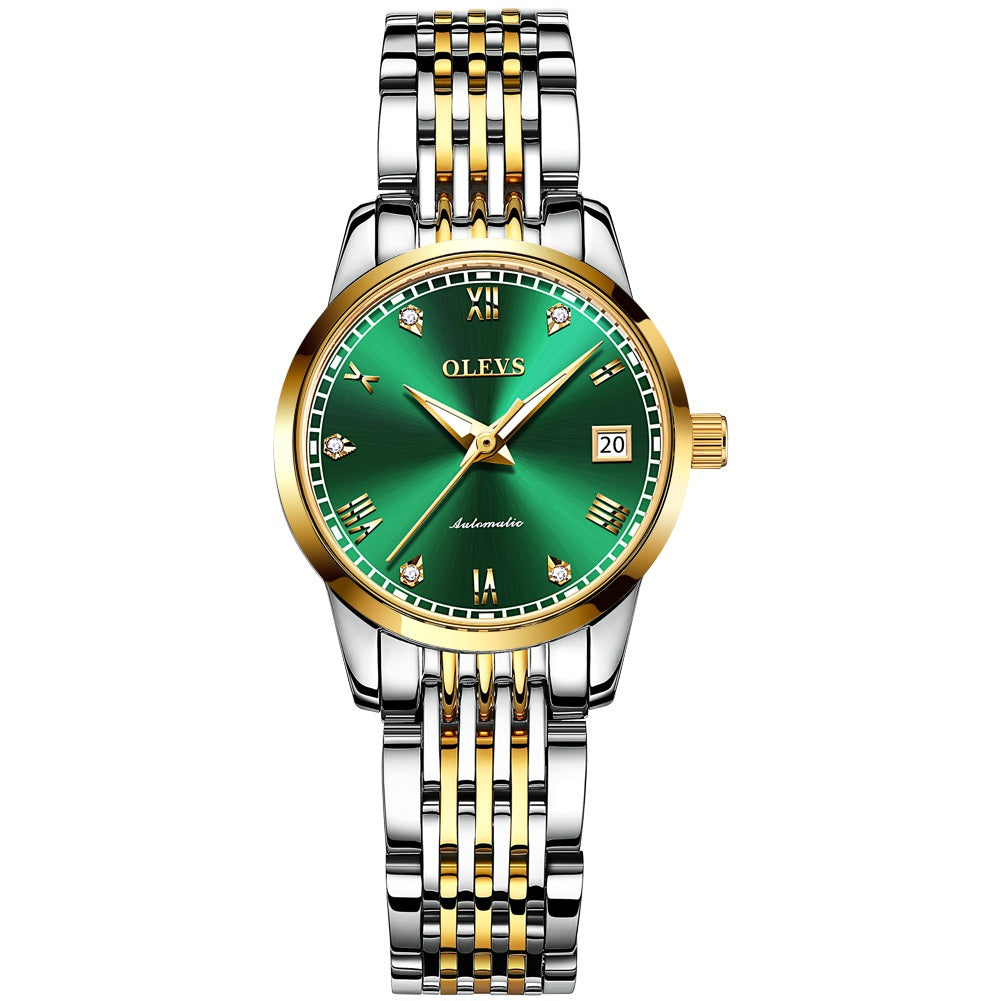 Lefimar - OLEVS - mechanical women watch - green dial - gold case - silver and gold stainless steel strap - luminous hands - date display