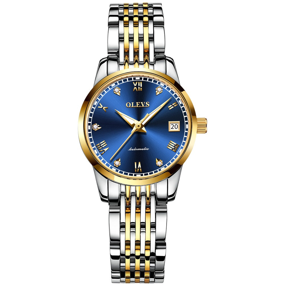 Lefimar - OLEVS - mechanical women watch - blue dial - gold case - silver and gold stainless steel strap - luminous hands - date display
