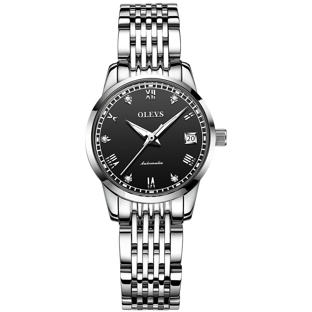 Lefimar - OLEVS - mechanical women watch - black dial - silver case - silver stainless steel strap - luminous hands - date display