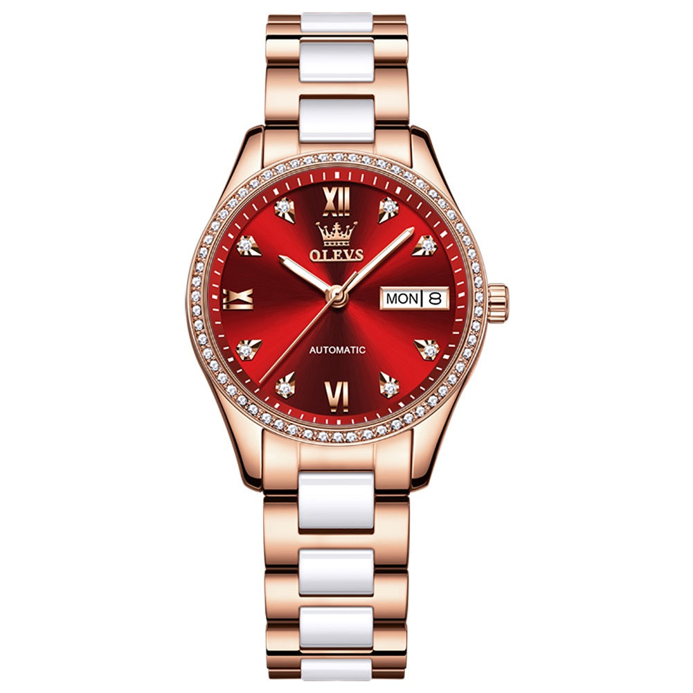 Lefimar OLEVS - Mechanical Women's Watch - White & Rose Gold Steel Ceramic Strap - Apollo Allure - Red