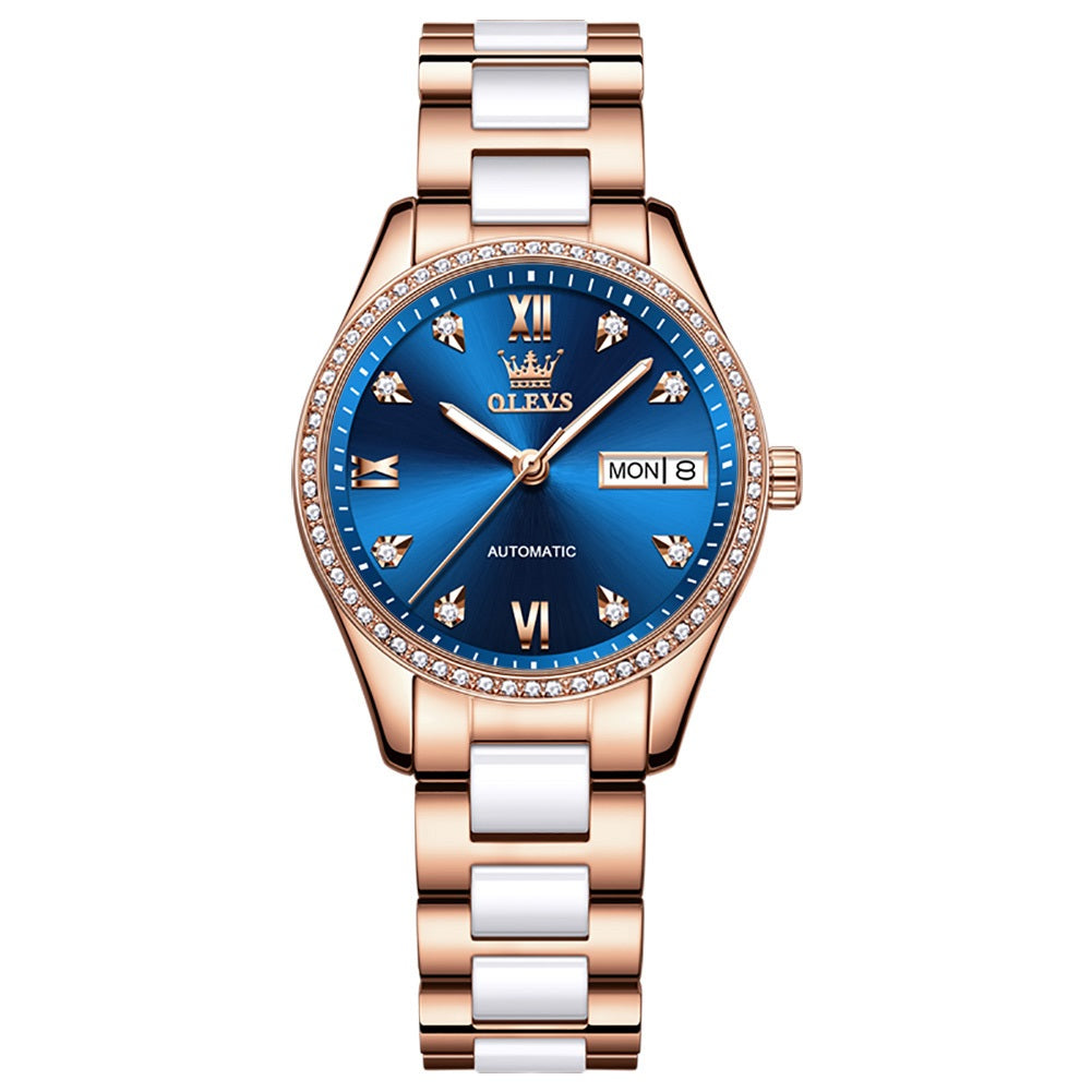 Lefimar OLEVS - Mechanical Women's Watch - White & Rose Gold Steel Ceramic Strap - Apollo Allure - Blue