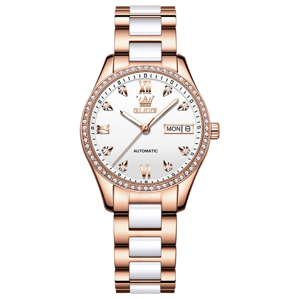 Lefimar OLEVS - Mechanical Women's Watch - White & Rose Gold Steel Ceramic Strap - Apollo Allure - White