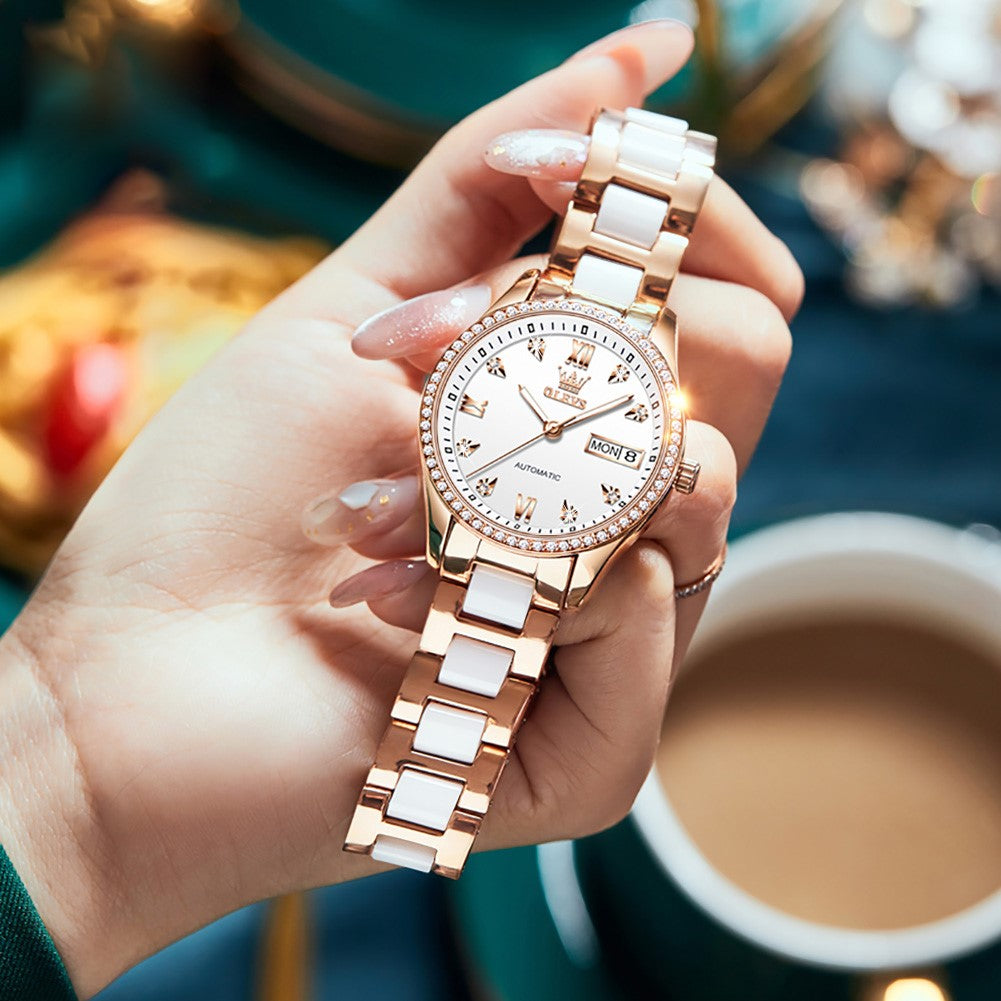 Lefimar OLEVS - Mechanical Women's Watch - White & Rose Gold Steel Ceramic Strap - Apollo Allure - White - Held by hand