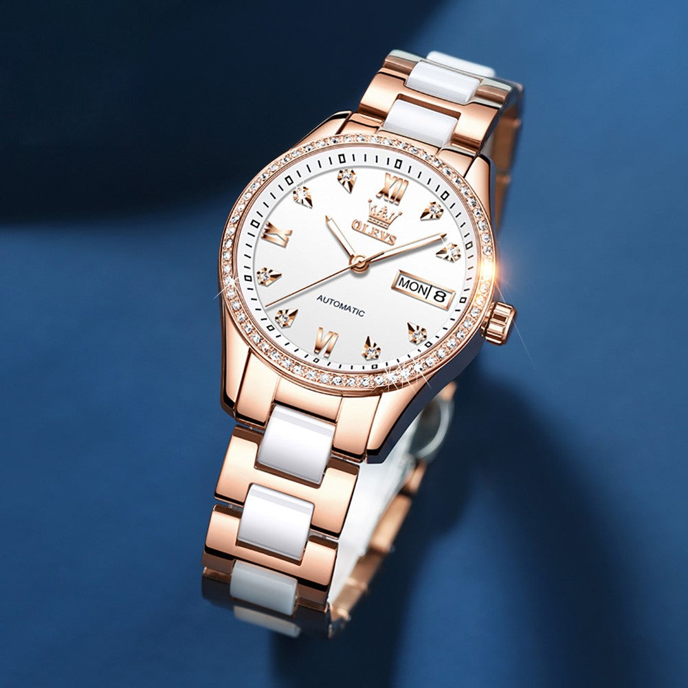 Lefimar OLEVS - Mechanical Women's Watch - White & Rose Gold Steel Ceramic Strap - Apollo Allure - White