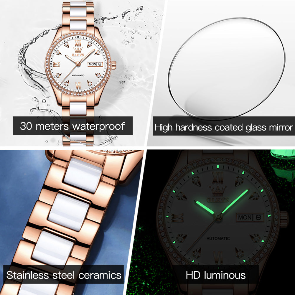 Lefimar OLEVS - Mechanical Women's Watch - White & Rose Gold Steel Ceramic Strap - Apollo Allure - Luminous hands and hour markers, high hardness coated glass mirror and 30 meters waterproof